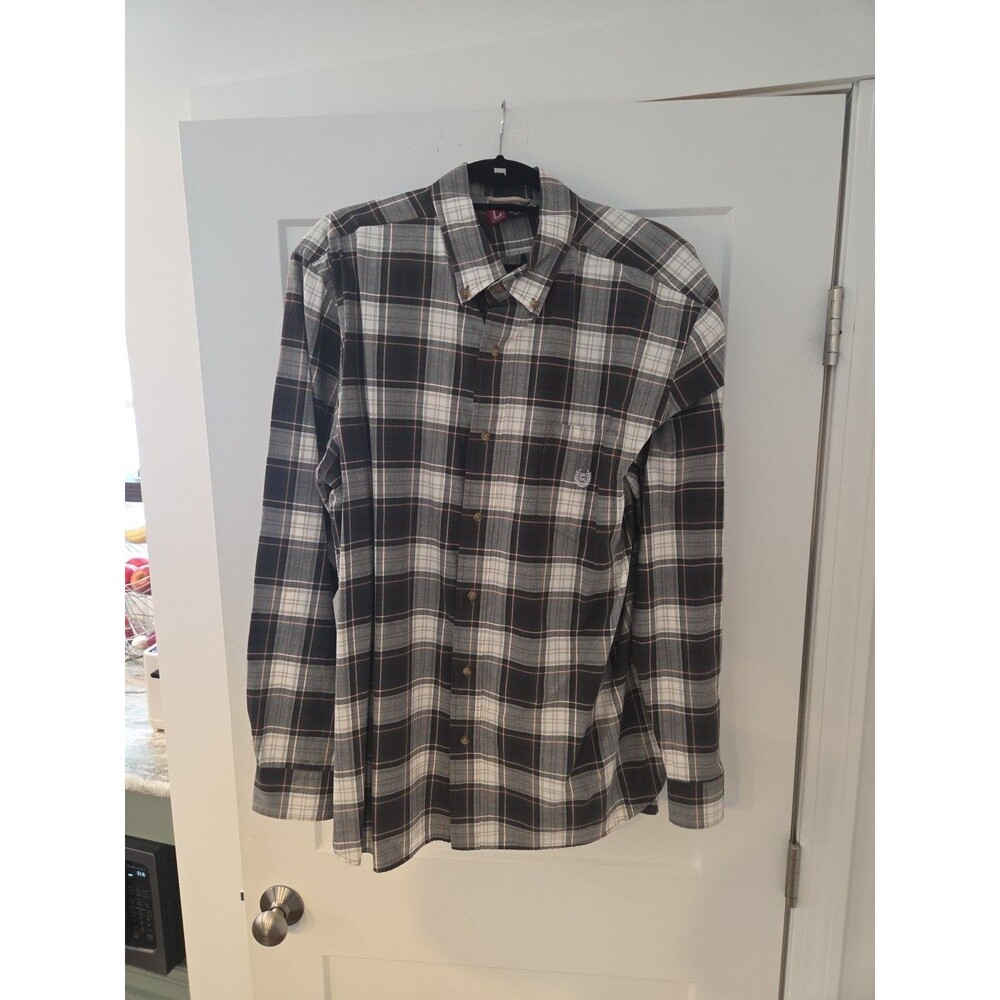 #163 Chaps Mens XL Brown/White Plaid Long Sleeve Button Down Shirt Easy Care